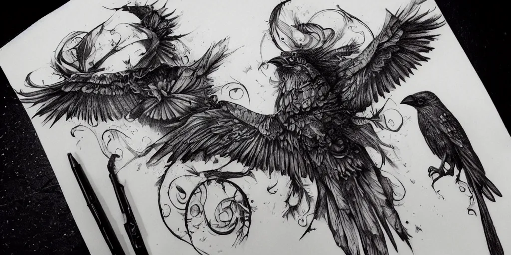 Image similar to realistic tattoo designs drawn on paper, dark crow, cry, scream, golden, goddess, delicate, hyper realism, tim burton, ink, ultra realistic, 8 k