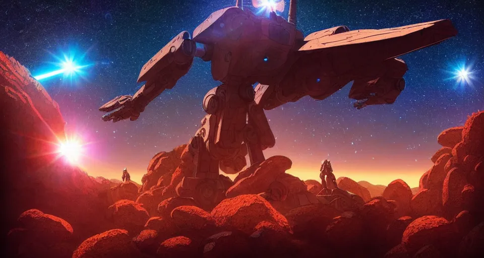 Prompt: a large mecha flying through a rocky forest valley, underneath a star filled night sky, moebius, warm coloured, maschinen krieger, beeple, star trek, star wars, film, atmospheric perspective