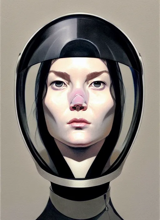 Prompt: artwork by james jean and Phil noto; a close up on the face of a beautiful woman that in a future space suit; wearing futuristic astronaut helmet; highly detailed; pretty eyes; circular black pupils; artwork by james jean and Phil noto