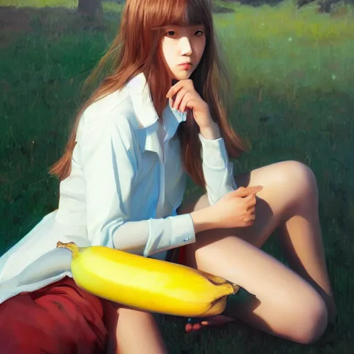 Image similar to oil painting by ilya kuvshinov,, baugh casey, rhads, coby whitmore, of a youthful japanese idol, long hair, holding banana, outdoors, highly detailed, breathtaking face, studio photography, dawn, intense subsurface scattering, blush, supple look, innocence, intense sunlight