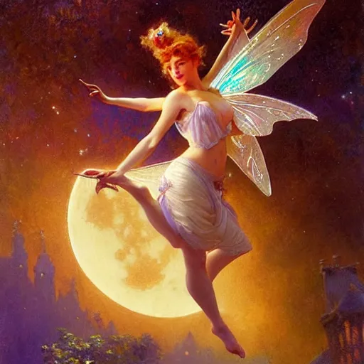 Image similar to attractive fairy magically floating high in the night, fantasy, full moon in background. highly detailed painting by gaston bussiere, craig mullins, j. c. leyendecker, mid shot, 8 k