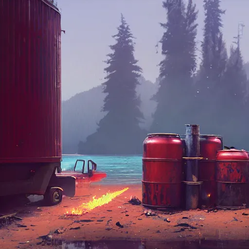 Image similar to red rusty oil - drum with a pack of dynamite on it's side in gta v, stephen bliss, unreal engine, fantasy art by greg rutkowski, loish, rhads, ferdinand knab, makoto shinkai and lois van baarle, ilya kuvshinov, rossdraws, tom bagshaw, global illumination, detailed and intricate environment