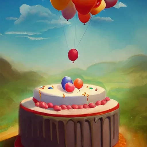 Prompt: a giant floating cake, with plenty of floating birthday balloons above a beautiful landscape. digital art, highly - detailed, artstation cgsociety masterpiece