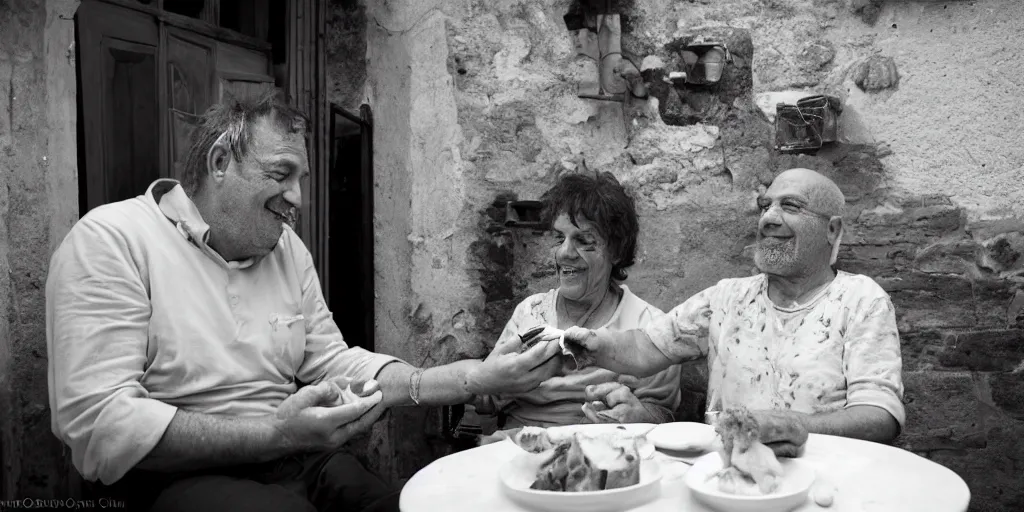 Image similar to cat sharing mortadella with his happy owner at a trullo house, photoreal, 3 5 mm, award winning photography