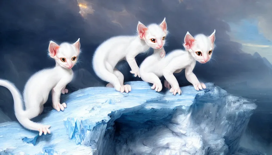 Image similar to highly detailed painting of white cute baby furry scaled oriental dragon kittens on a blue and white iceberg by william turner, by greg rutkowski, by william constable, thick brush strokes and visible paint layers, 4 k resolution