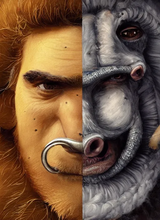 Image similar to a hyper detailed painting of an anthropomorphic joaquin phoenix as the king of animals, cow horns, pig nose, sheep wool, chicken feathers, horror, by anna podedworna, by miklos ligeti, by diego maricato, by taran fiddler, by antonino truisi, by chris reddie, on artstation