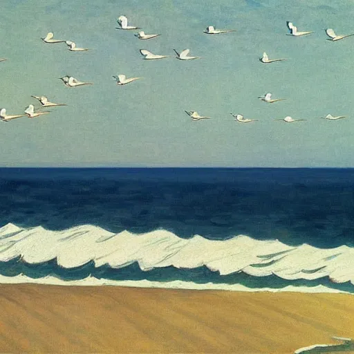 Image similar to white birds flying above the sea with big waves by Edward Hopper