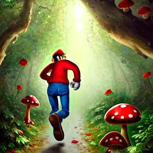 Image similar to portrait of Mario, running through a forest, in the Mushroom Kingdom, giant red and white spotted mushrooms, and roses, from behind, Castle in distance, birds in the sky, sunlight and rays of light shining through trees, beautiful, solarpunk!!!, highly detailed, digital painting by Michael Garmash and Peter Mohrbacher