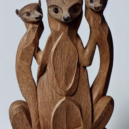 Image similar to symmetrical wood sculpture of a meercat with intricate pattern carvings