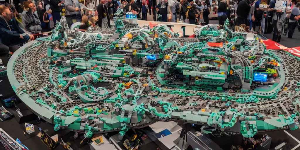 Image similar to wide shot lens photo of a very intricately detailed and epically shaped 3. 5 meter long hovercraft the nebuchadnezzar from the matrix attacked by squid sentinels lego sculpture designed by a master builder as displayed at a lego convention, low angle shot.