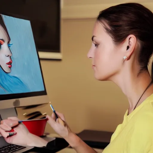 Image similar to painting detailed portrait woman using computer