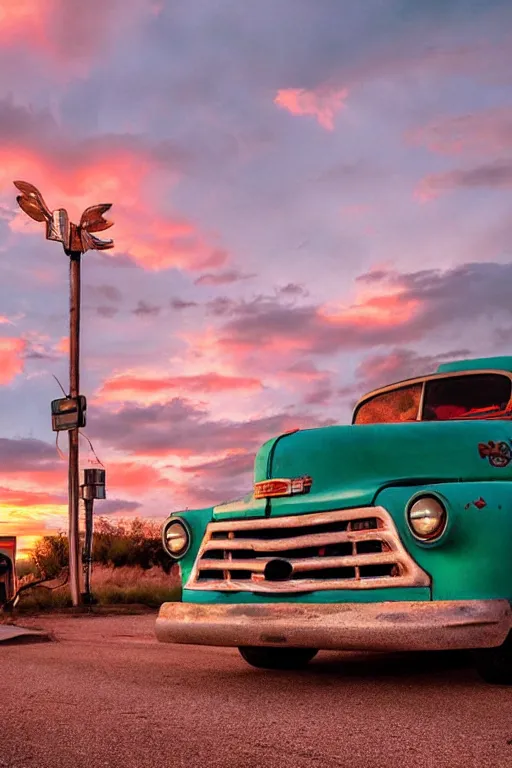 Image similar to a sunset light landscape with historical route 6 6, lots of sparkling details and sun ray ’ s, blinding backlight, smoke, volumetric lighting, colorful, octane, 3 5 mm, abandoned gas station, old rusty pickup - truck, beautiful epic colored reflections, very colorful heavenly, softlight