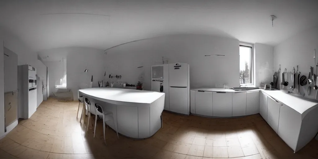 Prompt: minimalistic kitchen dim lit by a candle simon stalenhag, fisheye camera, extreme perspective