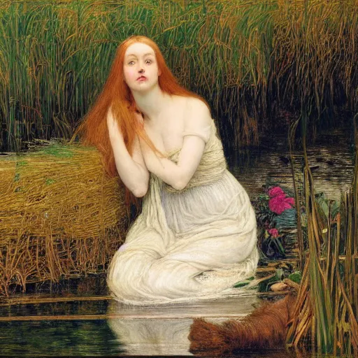 Image similar to breathtaking masterpiece of art, elizabeth eleanor siddall as ophelia floating on the water fully clothed in flowing medieval clothes amongst the reeds by william holman hunt and rosetti, 8 k