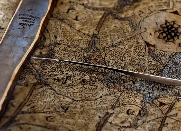 Prompt: close up of sword inlaid with a medieval map