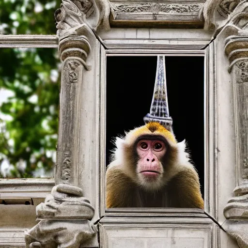 Image similar to high quality portrait of a monkey in front of eiffel tower, studio photograph, photograph, realistic photo, 8k photo, 4k photo, stock photo, high resolution, cinematic shot, high detail