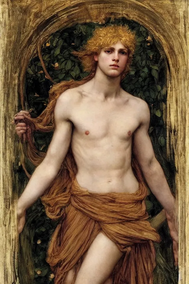 Prompt: beautiful blond androgynous prince Lucius depicted as Apollo the Sun God by john william waterhouse, preraphaelite style, long fluffy blond curly hair, pale porcelain white skin, detailed, defined, chiaroscuro