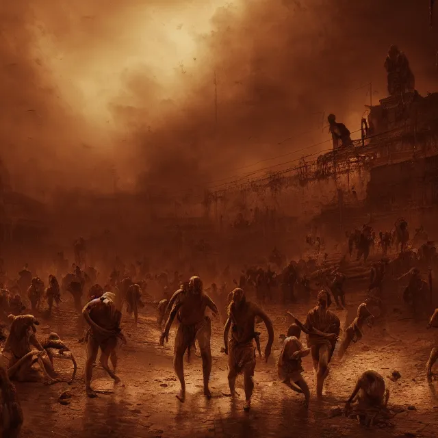 Image similar to action scene sepia painting of hell with people suffering, atmospheric lighting, brooding, painted, intricate, ultra detailed, well composed, best on artstation, cgsociety, epic, horror, stunning, gorgeous, intricate detail, much wow, masterpiece, cinematic aesthetic octane render, 8 k hd resolution,