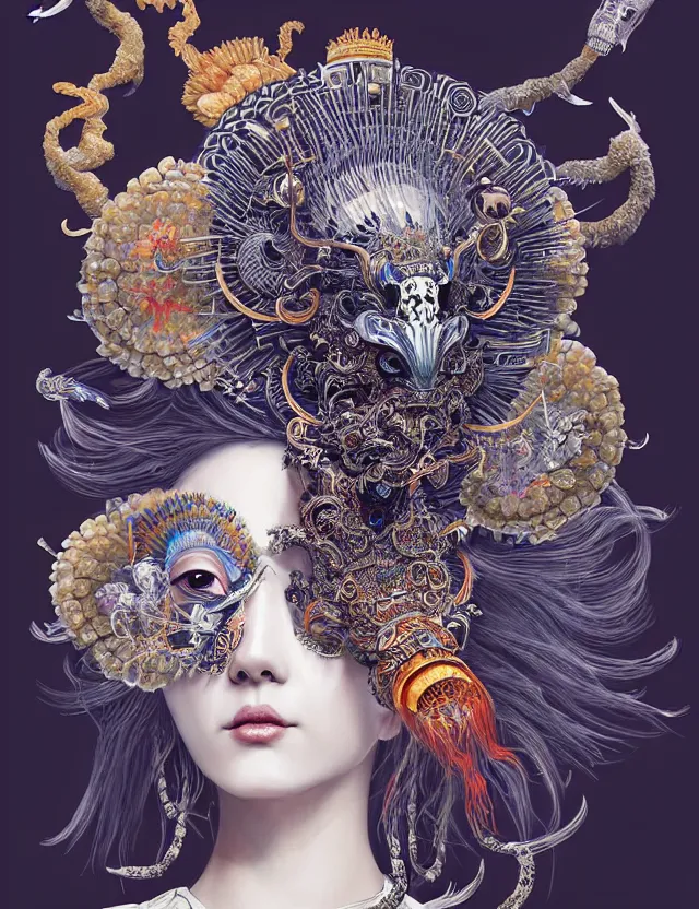 Prompt: goddess portrait with mask and crown made of ram skull. beautiful intricately detailed japanese crow kitsune mask and clasical japanese kimono. betta fish, jellyfish phoenix, bioluminescent, plasma, ice, water, wind, creature, super intricate ornaments artwork by tooth wu and wlop and beeple and greg rutkowski