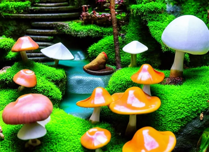 Image similar to low poly total of a porcelain garden las pozas, wide angle shot, soft focus, global illumination, radiant light, colorful aquatic plants, colorful mushrooms, puffballs, rhizomorphs, octane highly render, 4 k, ultra hd,