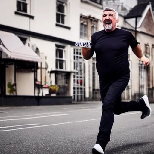 Prompt: a close up photo of Paul Hollywood stealing a pack of 6 cakes from the bakery, wearing a stereotypical robber outfit,excited expression, running towards the camera, photorealistic, clear lighting, detailed, 4k