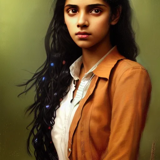 Image similar to portrait of a british teenage girl with wavy black hair, mixed desi girl with dark brown skin, half english half indian, glowing skin, fantasy, intricate, elegant, dress shirt, school uniform, highly detailed, digital painting, artstation, concept art, smooth, sharp focus, illustration, art by Krenz Cushart and Artem Demura and alphonse mucha