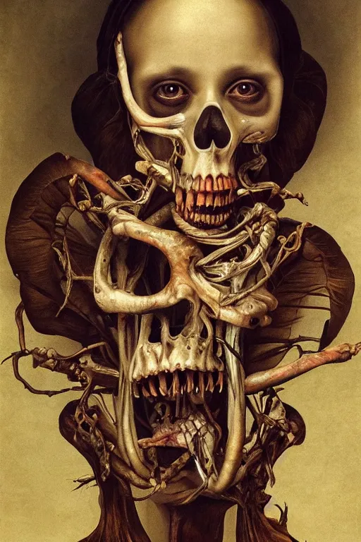 Prompt: Detailed maximalist portrait with large lips and eyes, scared, botanical skeletal with extra flesh, HD mixed media, 3D collage, highly detailed and intricate, surreal illustration in the style of Caravaggio, dark art, baroque