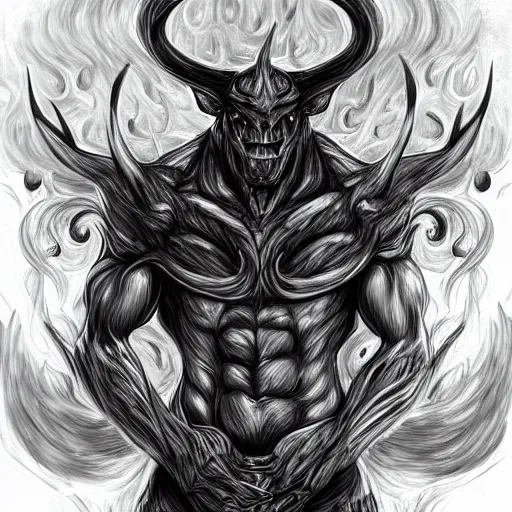 Prompt: full body grayscale drawing by Anato Finnstark of muscled horned humanoid beast, swirling flames