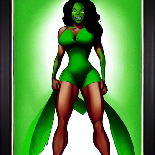 Prompt: Actress Gabrielle Union as She-Hulk, poster framed, comic pinup style, highly detailed, artstation, illustration, posterized, Roge Antonio, Jen Bartel