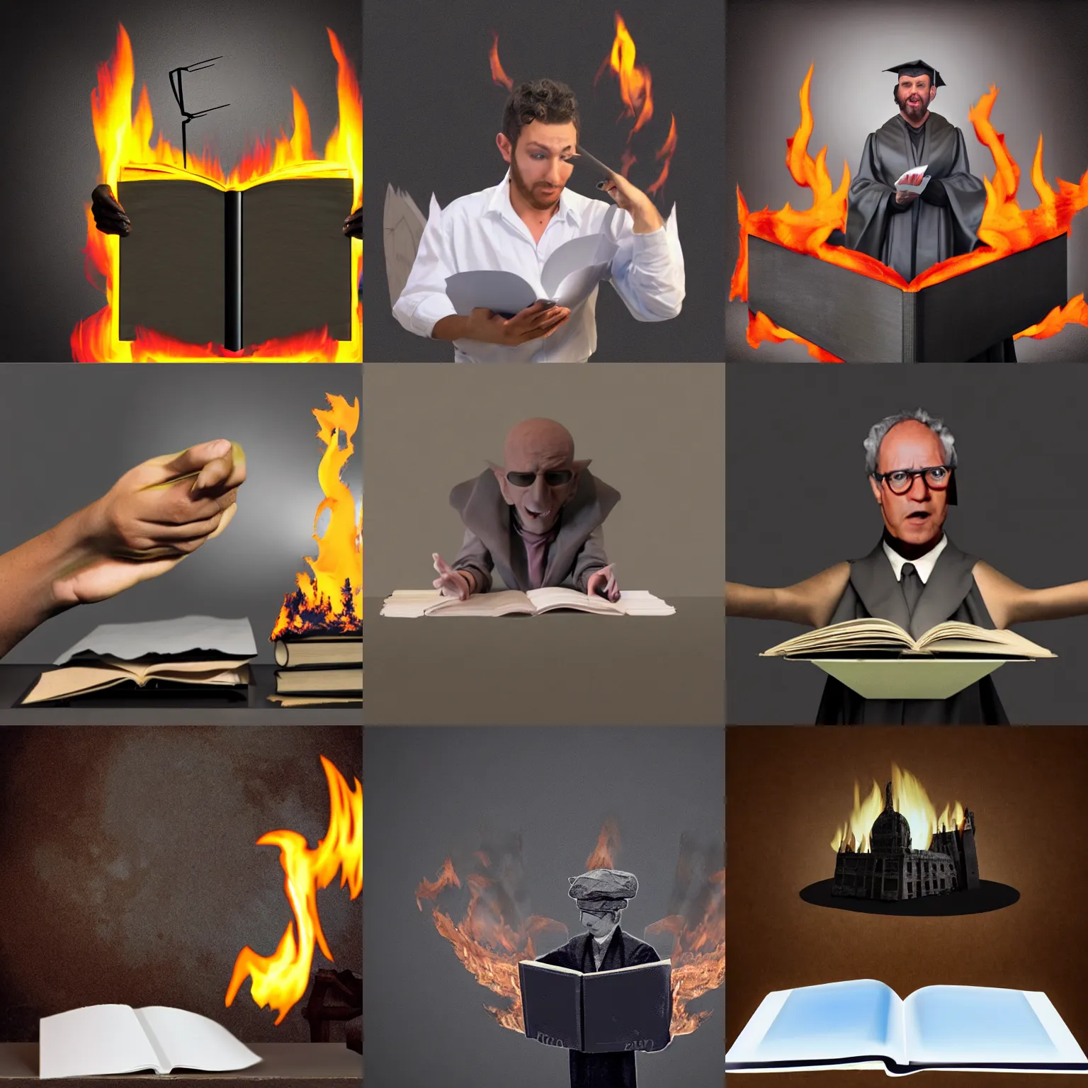 Prompt: 3d matte painting of Shocked Scholar holds burning academic paper