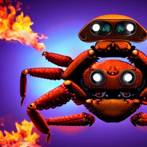 Image similar to a robot crab with the face of bill gates, background of flames.