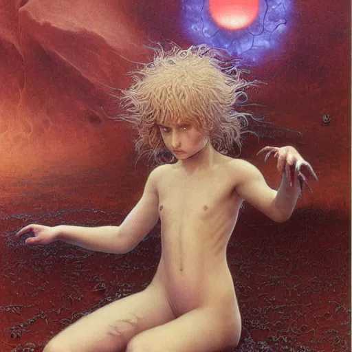 Image similar to cute young vampire tomboy girl with short short short dark hairs on lovecraftian planet by jean delville by luis royo and wayne barlowe, beksinski