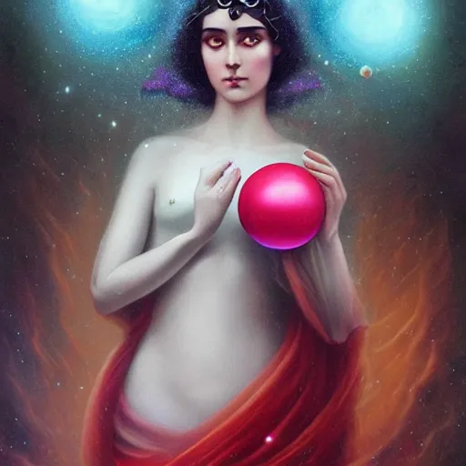 Prompt: the designer of the universe, woman holding a bright ball in her hand, in the style of tom bagshaw