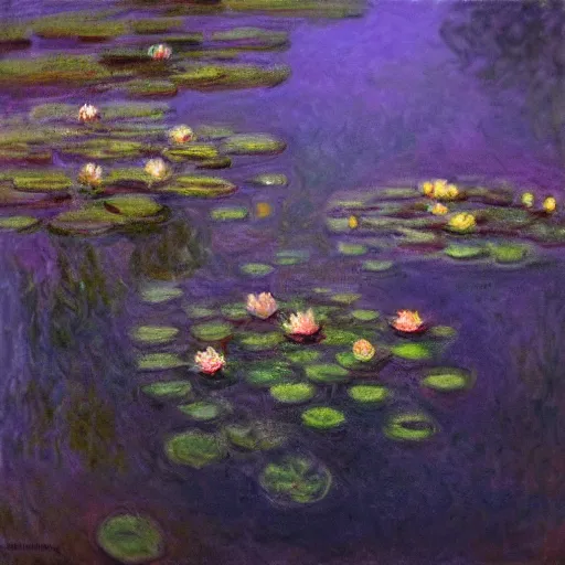 Image similar to at dusk ， water lilies in the pond, by claude monet, dramatic, impressionism, cinematic, reflection, light effect, 8 k hd detail, rendered in octane,