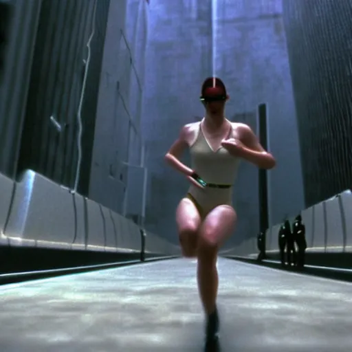 Image similar to The matrix, LeeLoo, Sprinters in a race, The Olympics footage, stylized, hyperreal, cinematic stillframe, The fifth element