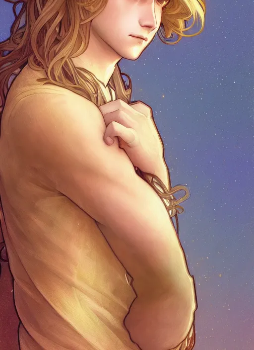 Image similar to pretty young man with shoulder length shiny shimmering golden blond hair, half body shot, path traced, highly detailed, high quality, digital painting, by studio ghibli and alphonse mucha, leesha hannigan, hidari, disney