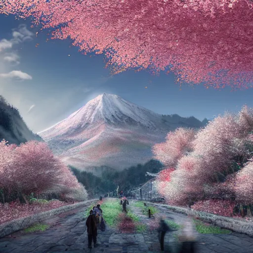 Image similar to Snowy mountain covered in cherry blossom trees , hd, intricate, hyper detailed, award winning, beautiful, 8k, digital art, surreal