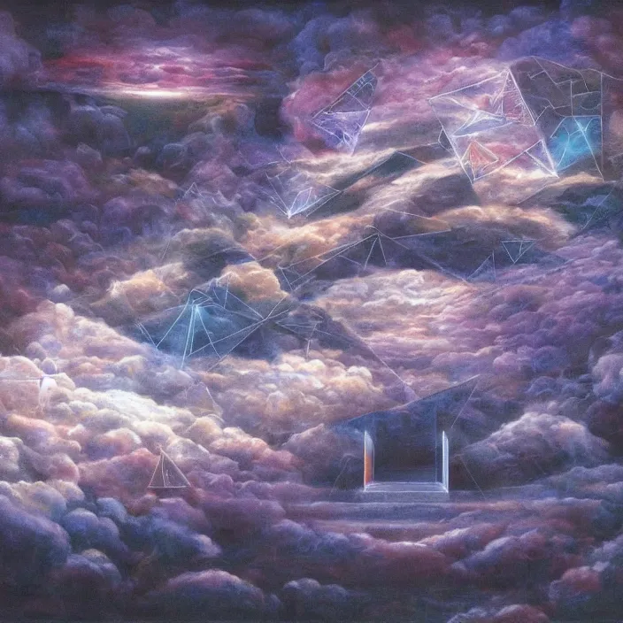 Image similar to temple of sleep non-Euclidean geometry sleepwalker mythos dream clouds and lambent fog, award winning oil painting, polychromatic spectrum