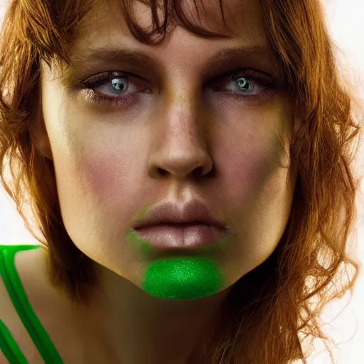 Image similar to photograph of a cute woman with bronze brown hair and vivid green eyes, light makeup, golden hour, 8k, photographed by Erwin olaf