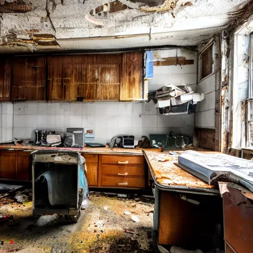 Image similar to HD photo of a 1990s office kitchen, abandoned for centuries, heavily soiled and debris-strewn.