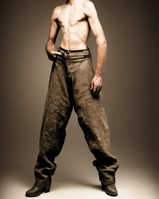 Prompt: an award - winning photo of an ancient male model wearing a boot cut flared distressed medieval designer menswear trousers designed by kapital, 4 k, studio lighting, wide angle lens, 2 0 0 4