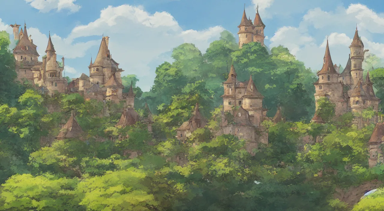 Image similar to a landscape painting of a French castle, with a garden, by Studio Ghibli, trending on artstation