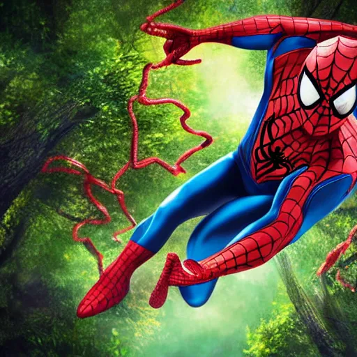 Prompt: spiderman swinging across an enchanted magical forest, wide shot, digital art, digital painting, hyperrealistic, colorful