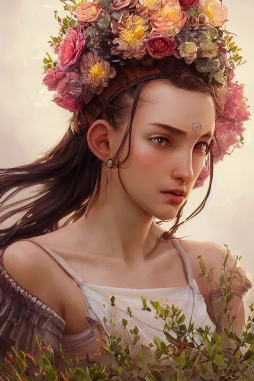 Prompt: ultra realistic illustration, beautiful swahiligirl with flowers blossoming from helmet, elegant, highly detailed, digital painting, concept art, smooth, sharp focus, illustration, art by artgerm and greg rutkowski and alphonse mucha