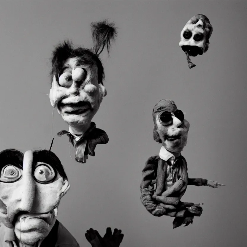 Image similar to bill hicks as a creepy ventriloquist dummy amoking in the style of roger ballen, 4 k, portrait