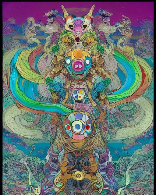 Prompt: bicameral humanoid mythical beast, fantastical, cute, and beautiful hybrid of different animals, a humorous psychedelic creature concept design by Moebius, Studio Ghibli, in the style of Takashi Murakami, symmetrical 4K