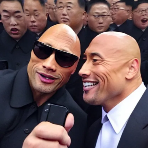 Image similar to dwayne the rock johnson and kim jong - un, selfie, phone photo,