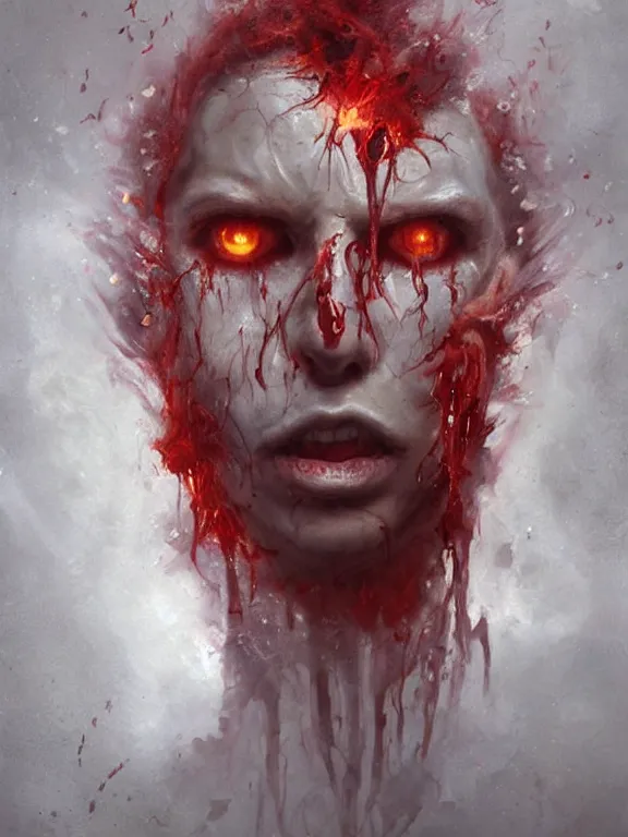 Image similar to painting by greg rutkowski of a flying sorrowful looking human head with tears running down it's eyes, face that is chalk white in color, with long sprawling white tentacles stemming down it's neck, fiery scorching red eyes, flying in a terrying hellish dark cavernous place