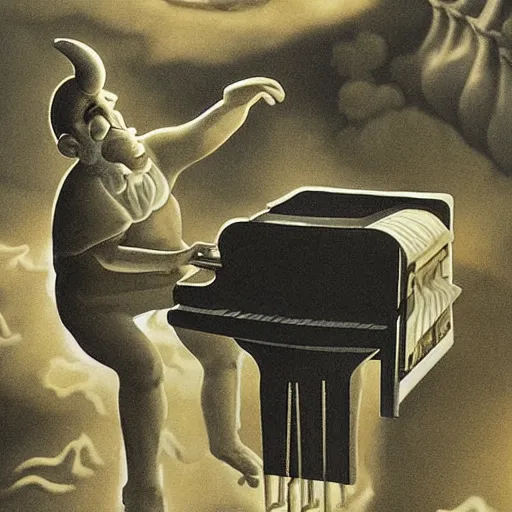 Prompt: luigi playing the piano in hell, detailed