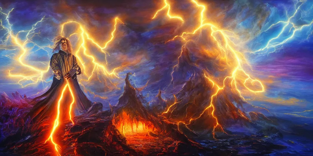 Image similar to wizard in front of magical explosion, lightning, fantasy, oil painting, concept art, 8 k